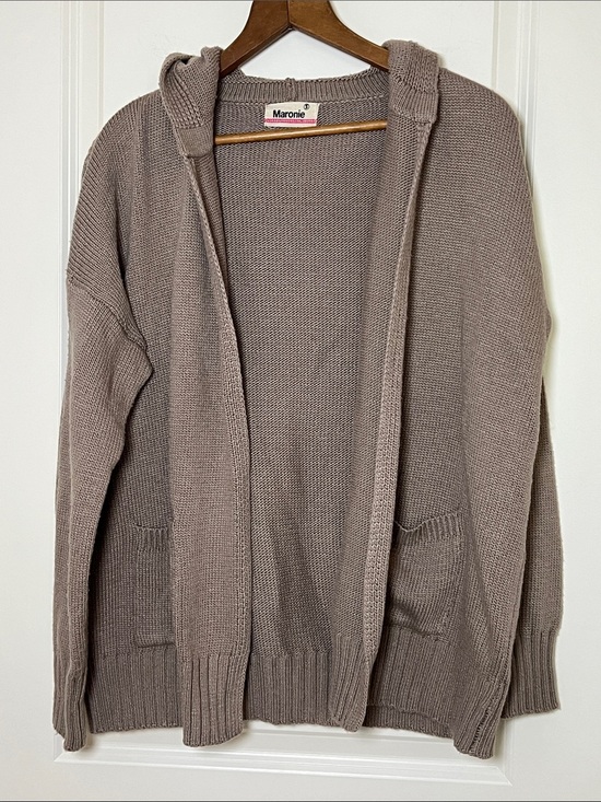 Maronie Sweaters - Maronie Hooded Open-Front Knit Cardigan Wool Blend Taupe Brown Small